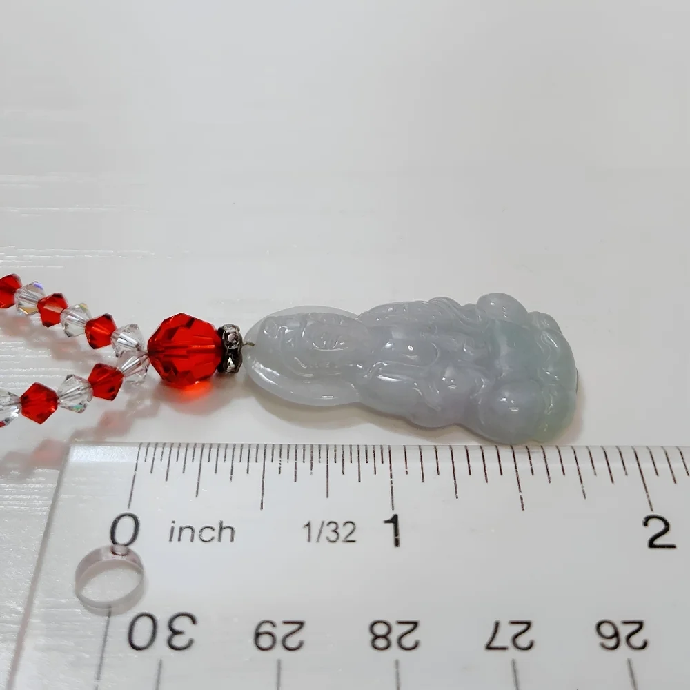 Vintage Carved Green Jadeite Gaunyin Pendant Necklace Red Clear Crystal Beads